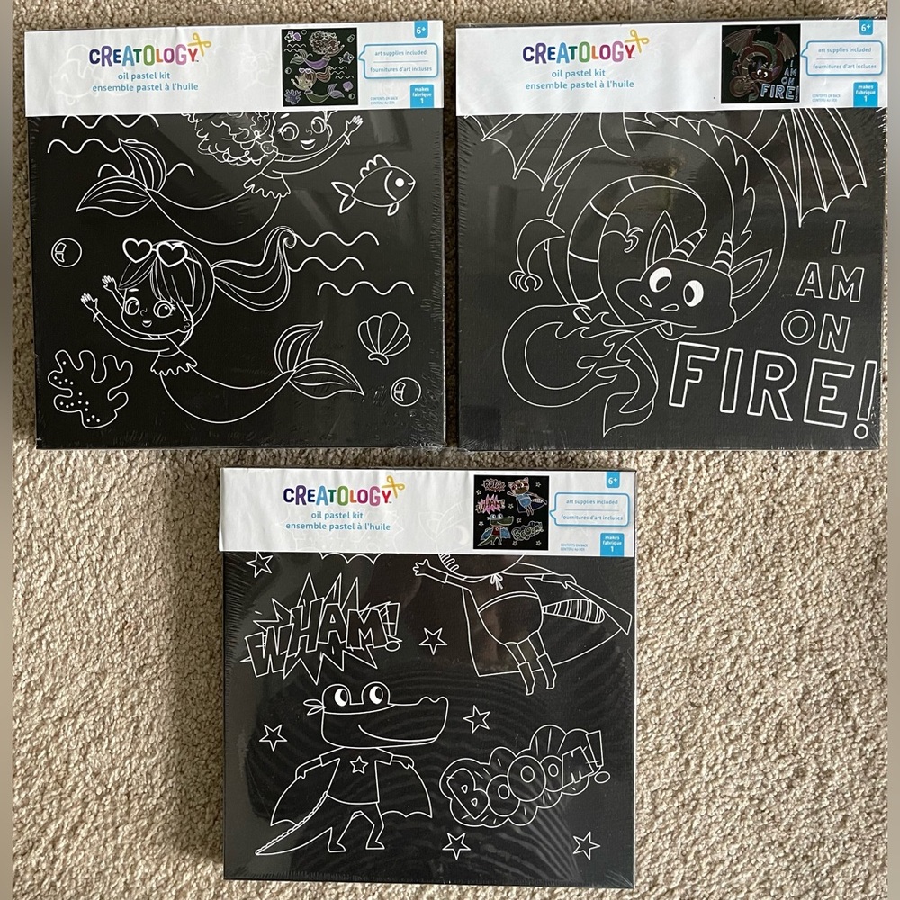 NIP CREATOLOGY Set of 3 Kids Oil Pastel Canvas Kits Mermaids Dragon Super Hero